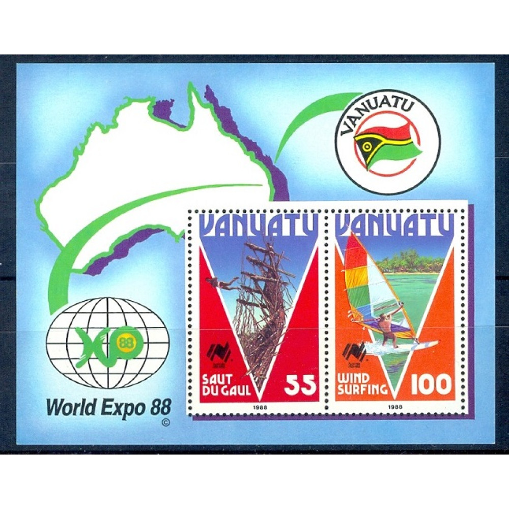 A23- Vanuatu Land Diving and 100v Wind Surfing Se-tenant pair Tourism World Expo '88 Souvenir Sheet.