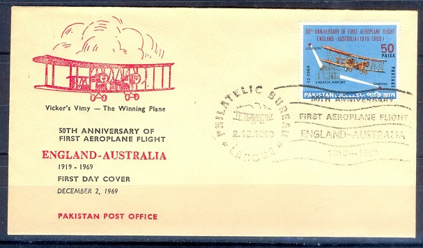 F019- FDC of Pakistan year 1969. 50th Anniversary of First Aeroplane Flight England - Australia.