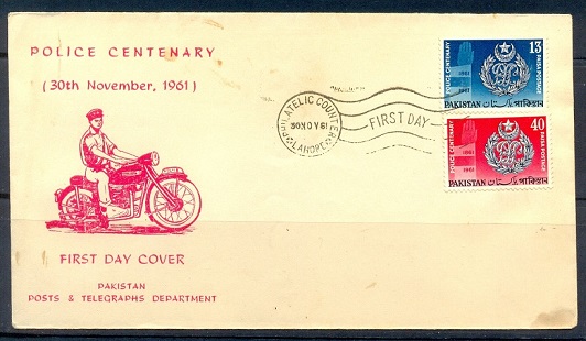 F030- FDC of Pakistan year 1961. Police Centenary Triumph Motorcycle.