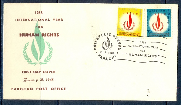 F039- FDC of Pakistan year 1968. International Year for Human Rights. Karachi cancellation.